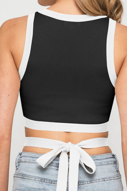 Contrast Tie Back Round Neck Tank