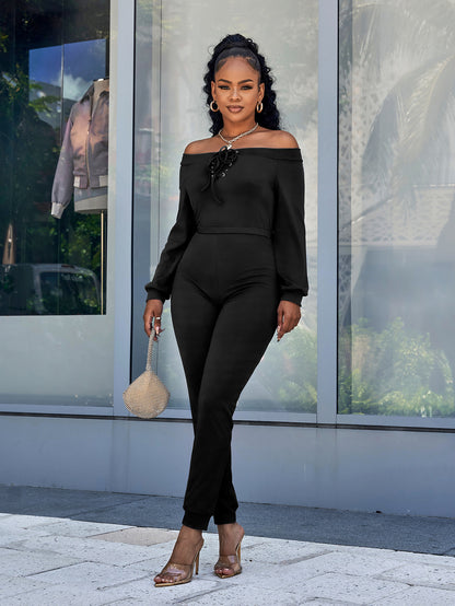 Lace-Up Off-Shoulder Long Sleeve Jumpsuit Trendsi