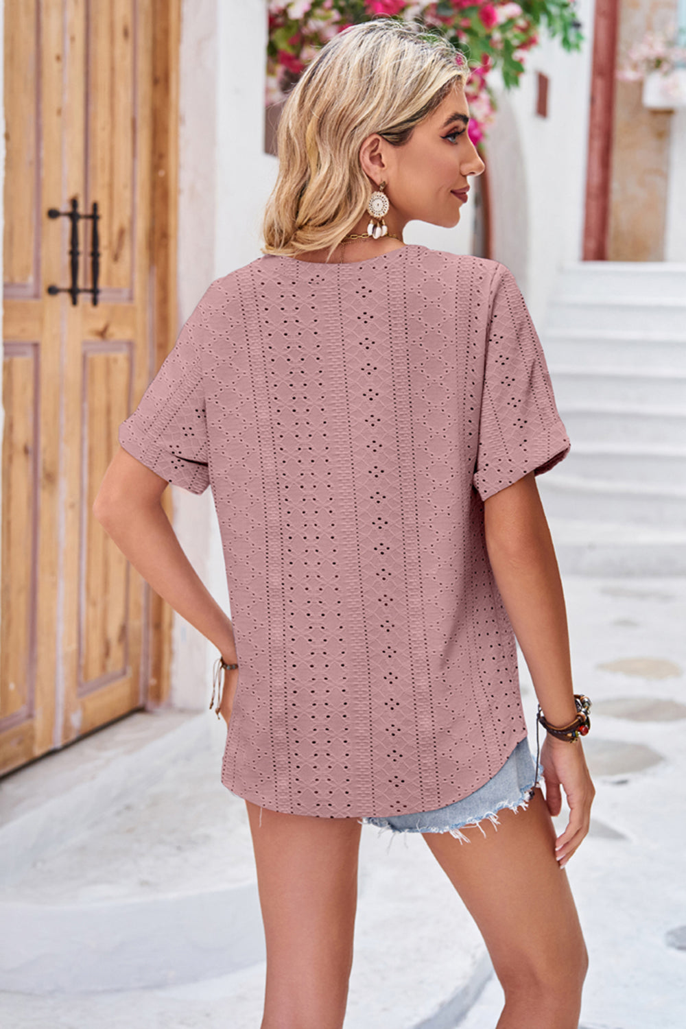 Buttoned Notched Neck Eyelet Top