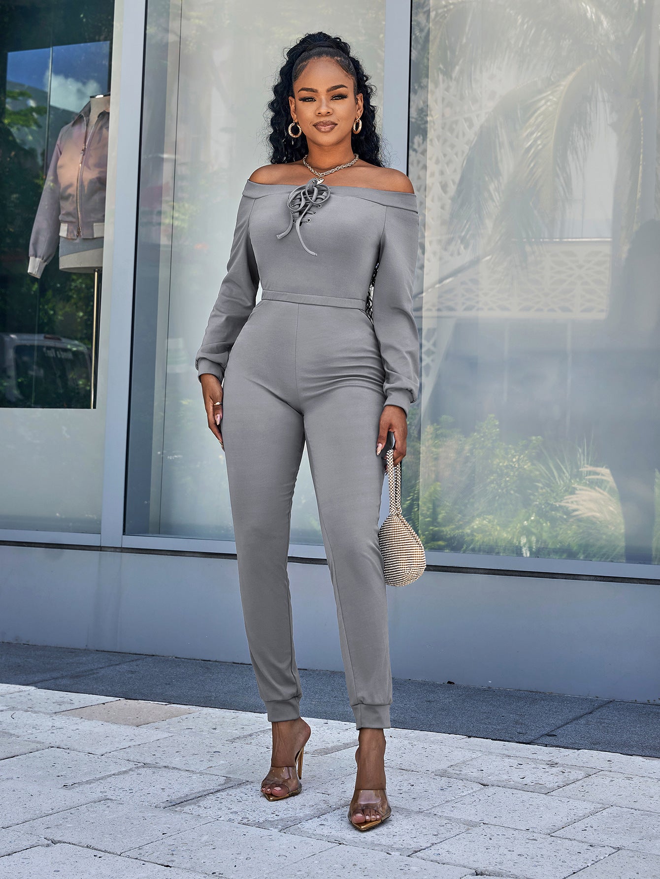 Lace-Up Off-Shoulder Long Sleeve Jumpsuit Trendsi