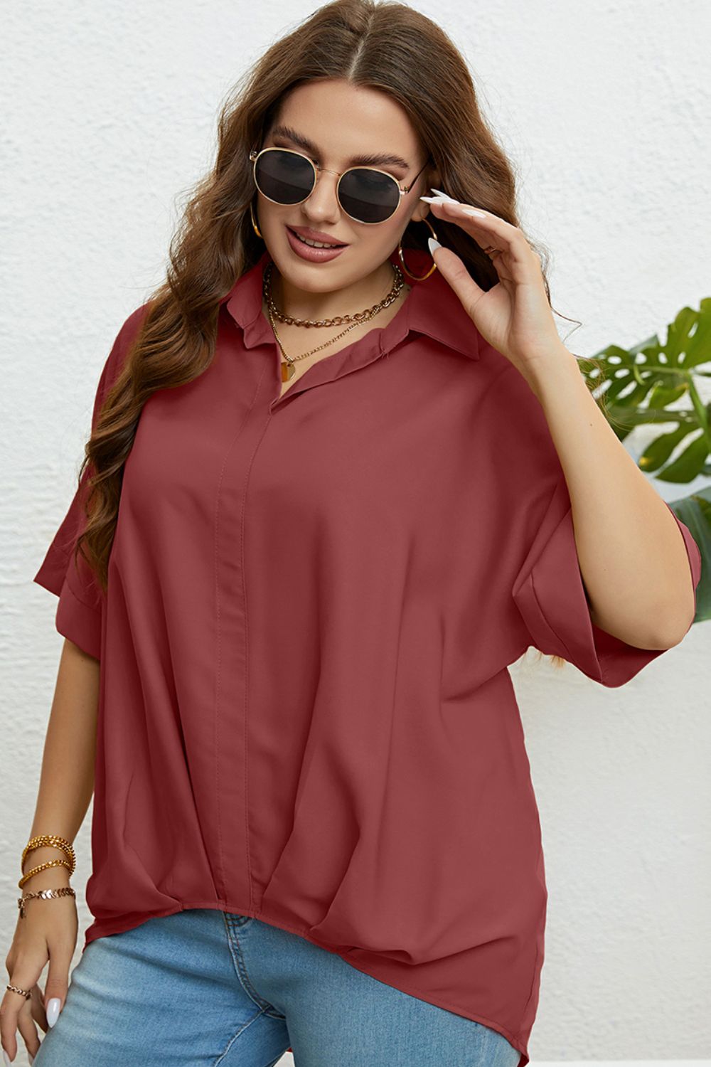 Gem Plus+ Collared Half Sleeve Hem Detail Top