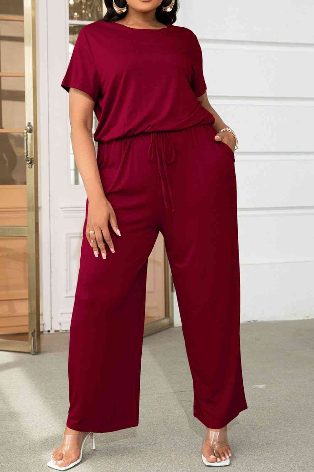 Plus+ Drawstring Waist Short Sleeve Jumpsuit