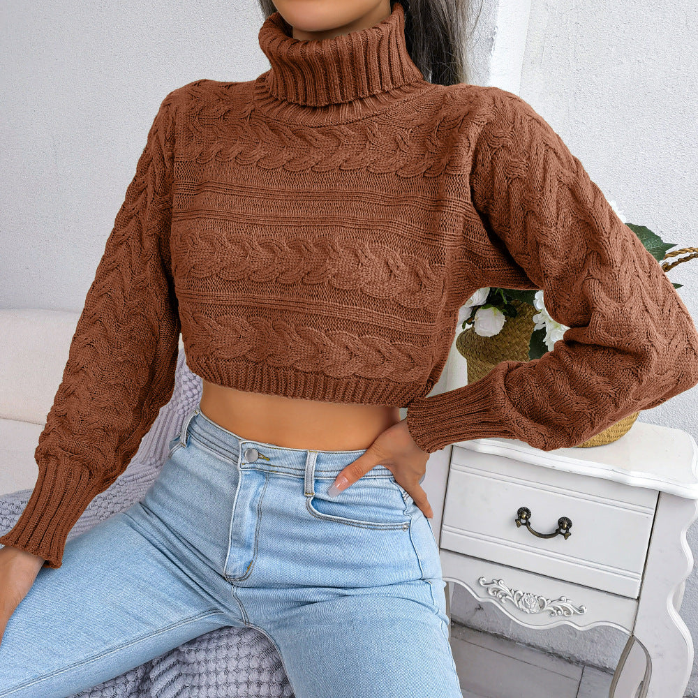 Cable-Knit Turtleneck Cropped Sweater Trendsi