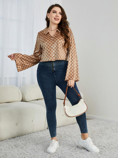 Gem Plus+ Checkered Johnny Collar Flare Sleeve Shirt