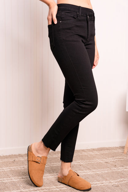 Asymmetrical Waist Raw Hem Jeans in Solid Black Trendsi