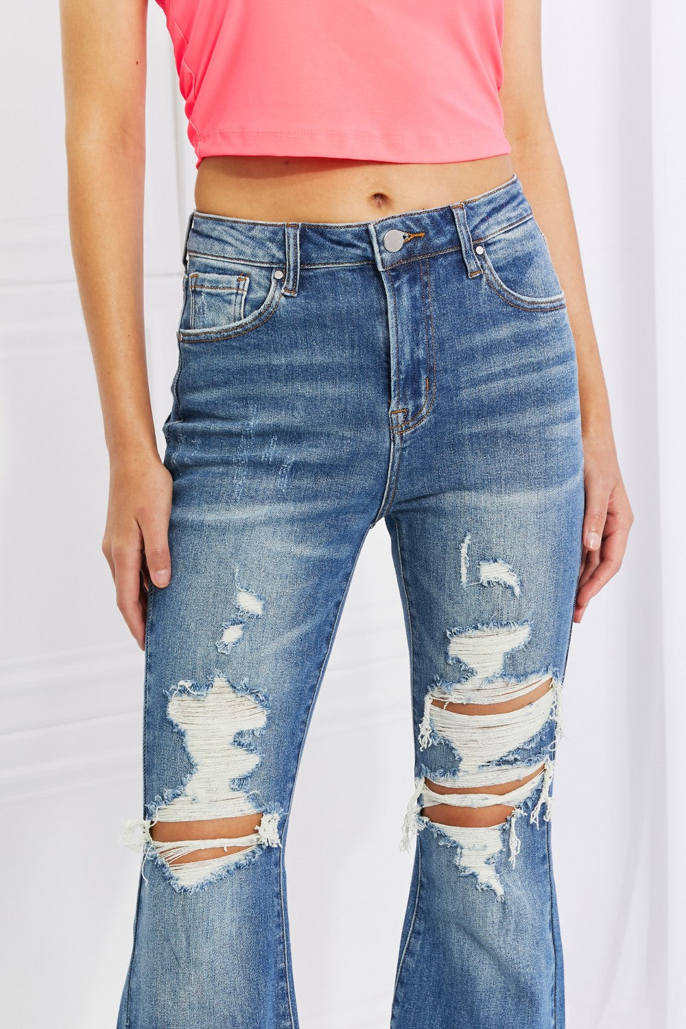 Hazel High Rise Distressed Flare Jeans Trendsi