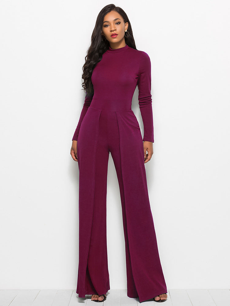 Long Sleeve Mock Neck Wide Leg Jumpsuit Trendsi