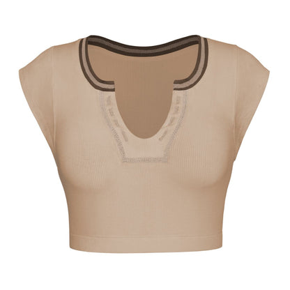 Notched Neck Cap Sleeve Cropped Tee Trendsi