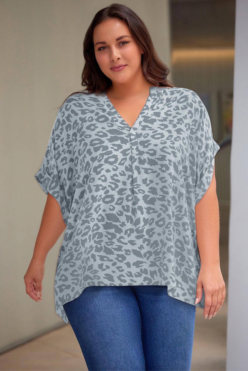 Gem Plus+ Printed Notched Neck Half Sleeve Top