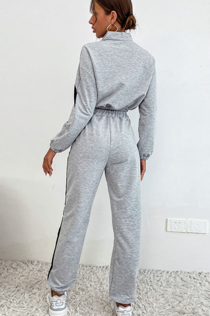 Contrast Quarter-Zip Cropped Sweatshirt and Joggers Set Trendsi