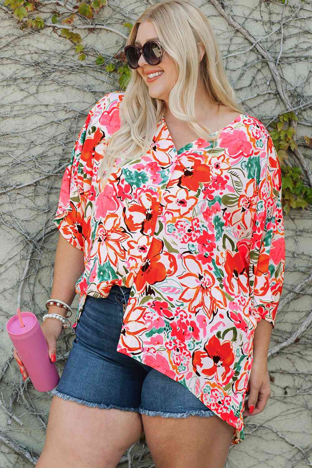 Plus+ Floral V-Neck Half Sleeve Shirt