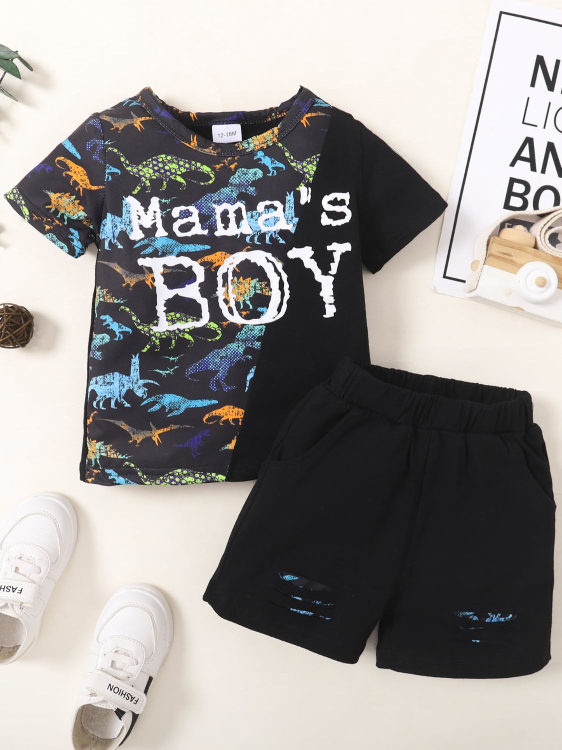 MAMA'S BOY Dinosaur Print T-Shirt and Shorts Set Trendsi