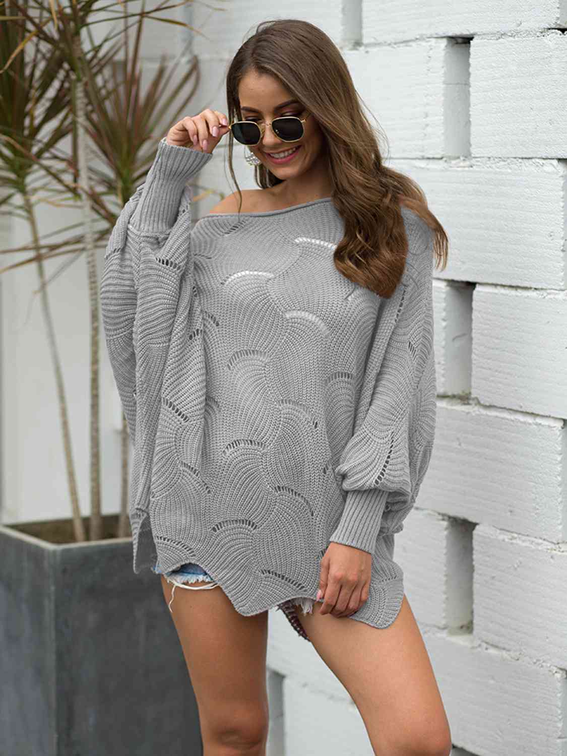 Boat Neck Lantern Sleeve Openwork Knit Top