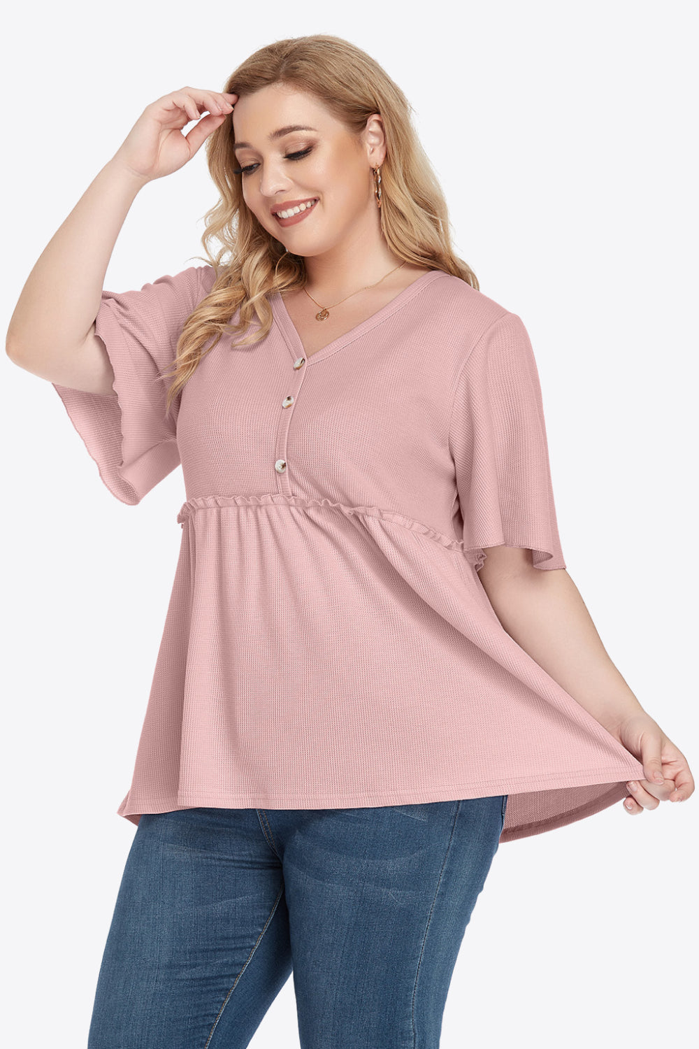 Gem Plus+ Buttoned V-Neck Frill Trim Doll Blouse