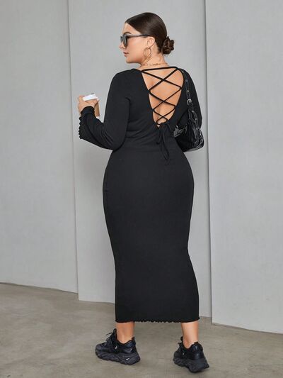 Plus+ Lace-Up Round Neck Wrap Dress