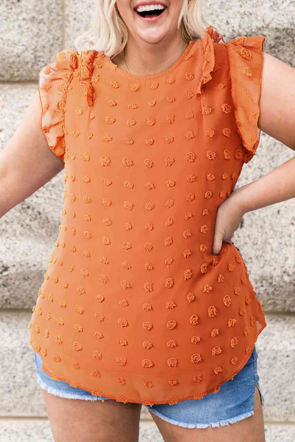 Plus+ Swiss Dot Ruffled Round Neck Blouse