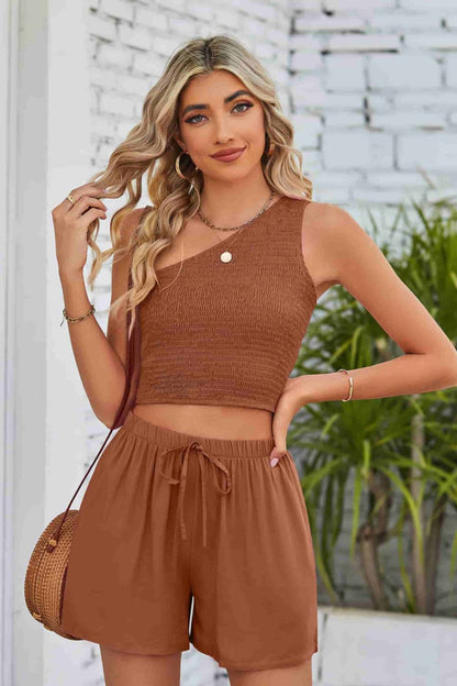 Smocked One-Shoulder Sleeveless Top and Shorts Set Trendsi