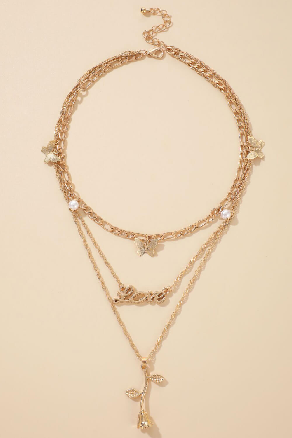 LOVE Rose Pendant Triple-Layered Necklace Trendsi