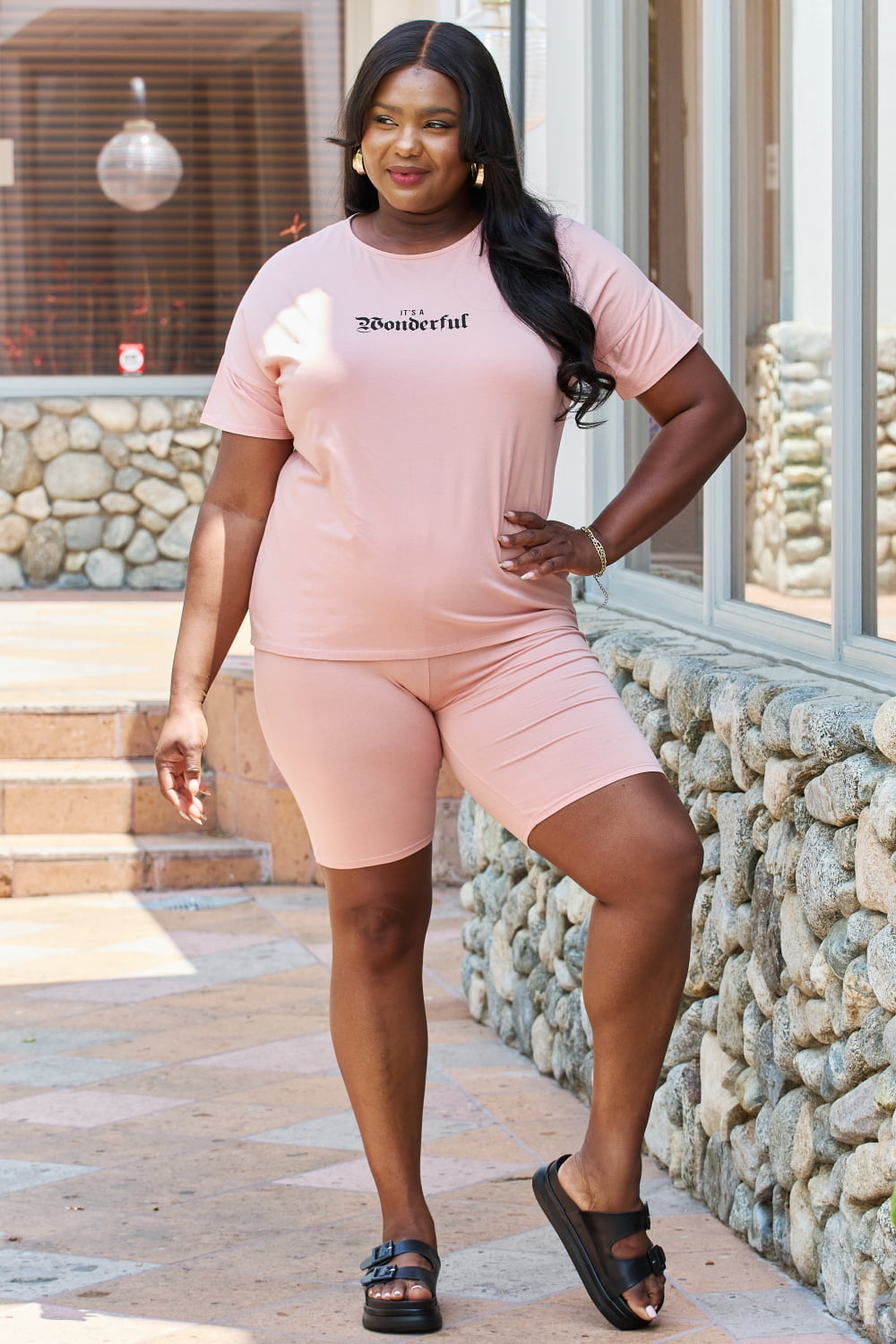 My Go-To  T-Shirt and Biker Shorts Lounge Set in Blush Trendsi