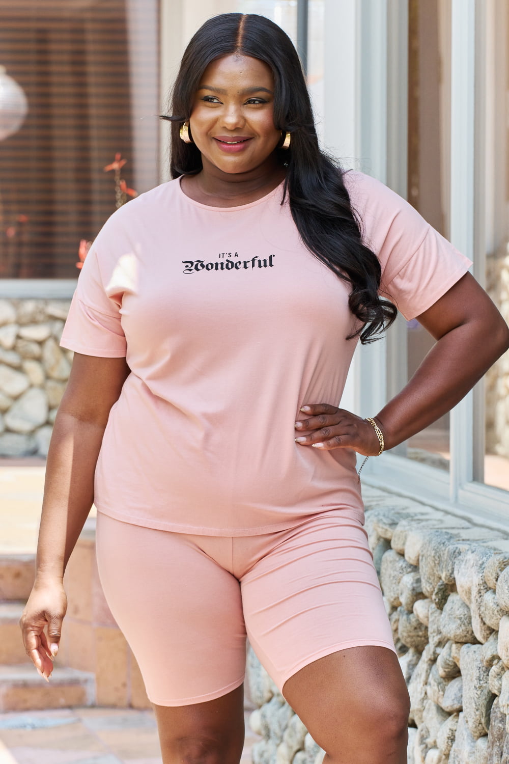 My Go-To  T-Shirt and Biker Shorts Lounge Set in Blush Trendsi