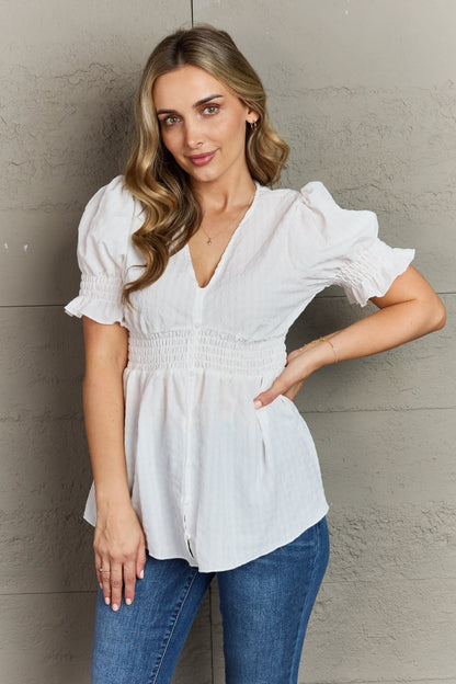 Culture Code Sweet Serenity  V-Neck Puff Sleeve Button Down Top