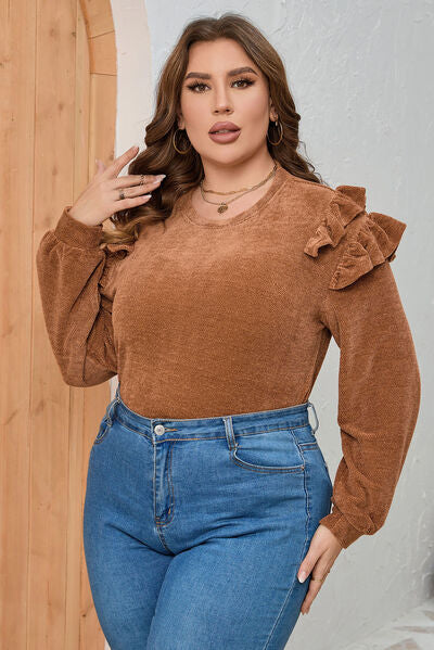 Plus+ Ruffled Round Neck Long Sleeve T-Shirt