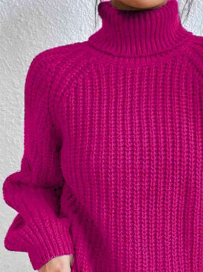 Turtleneck Rib-Knit Slit Sweater