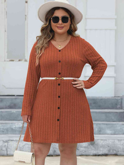 Plus+ Ribbed Buttoned V-Neck Long Sleeve Dress