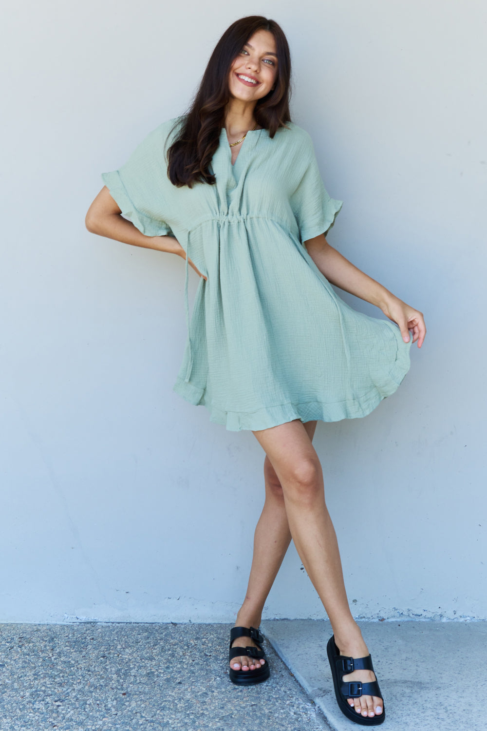 Ninexis Out Of Time Ruffle Hem Dress with Drawstring Waistband - Light Sage