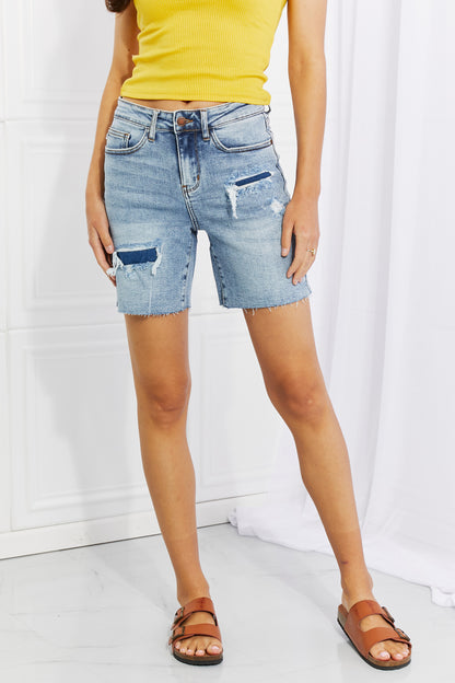 Judy Blue Hallie Mid-Length Denim Patch Shorts