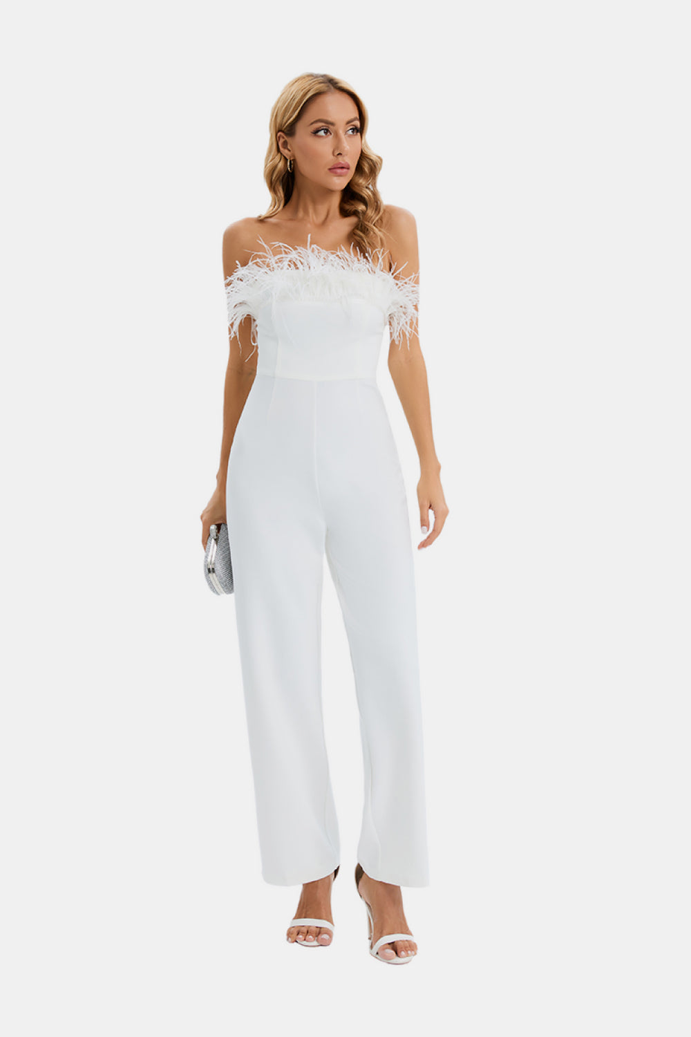 Feather Detail Strapless Jumpsuit Trendsi