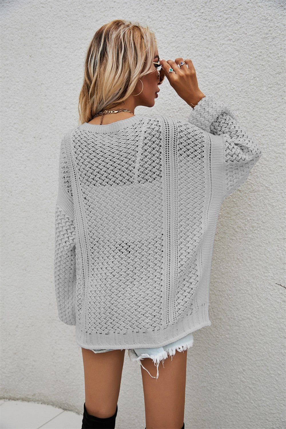 Openwork V-Neck Dropped Shoulder Cardigan