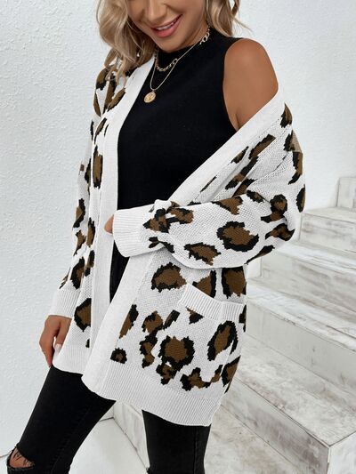 Leopard Open Front Dropped Shoulder Cardigan