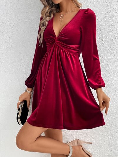 Twisted V-Neck Balloon Sleeve Mini Dress