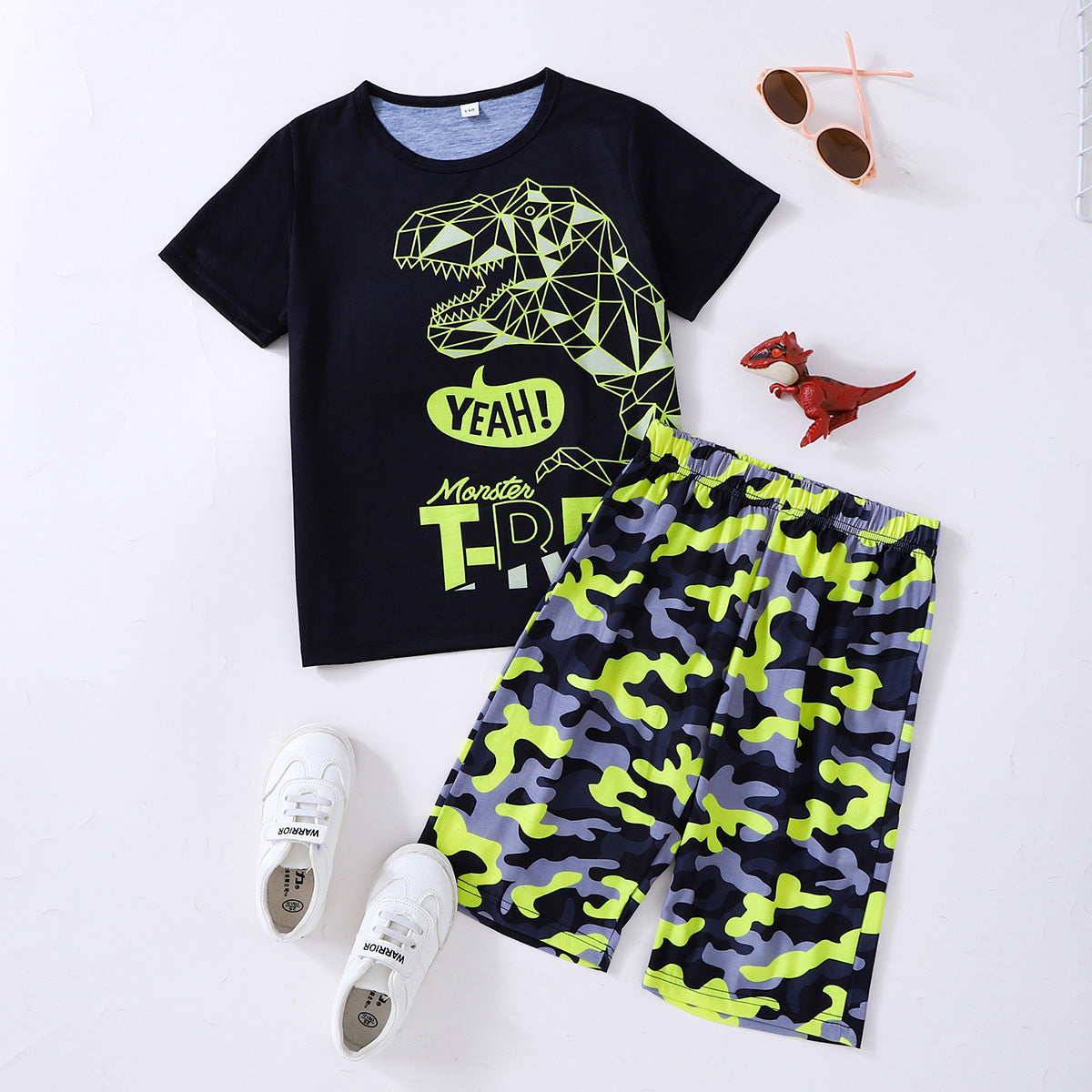 Boys Dinosaur Graphic Tee and Camouflage Shorts Set Trendsi