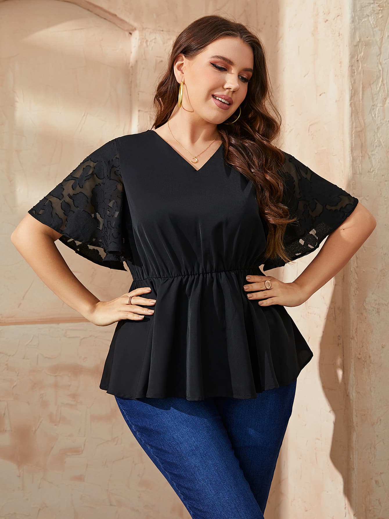 V-Neck Flutter Sleeve Doll Blouse