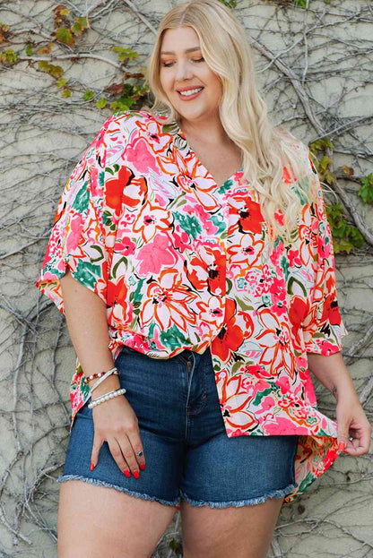 Plus+ Floral V-Neck Half Sleeve Shirt