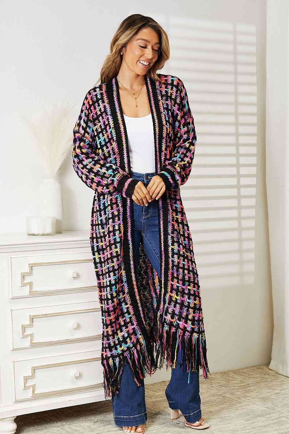 Double Take Multicolored Open Front Fringe Hem Cardigan