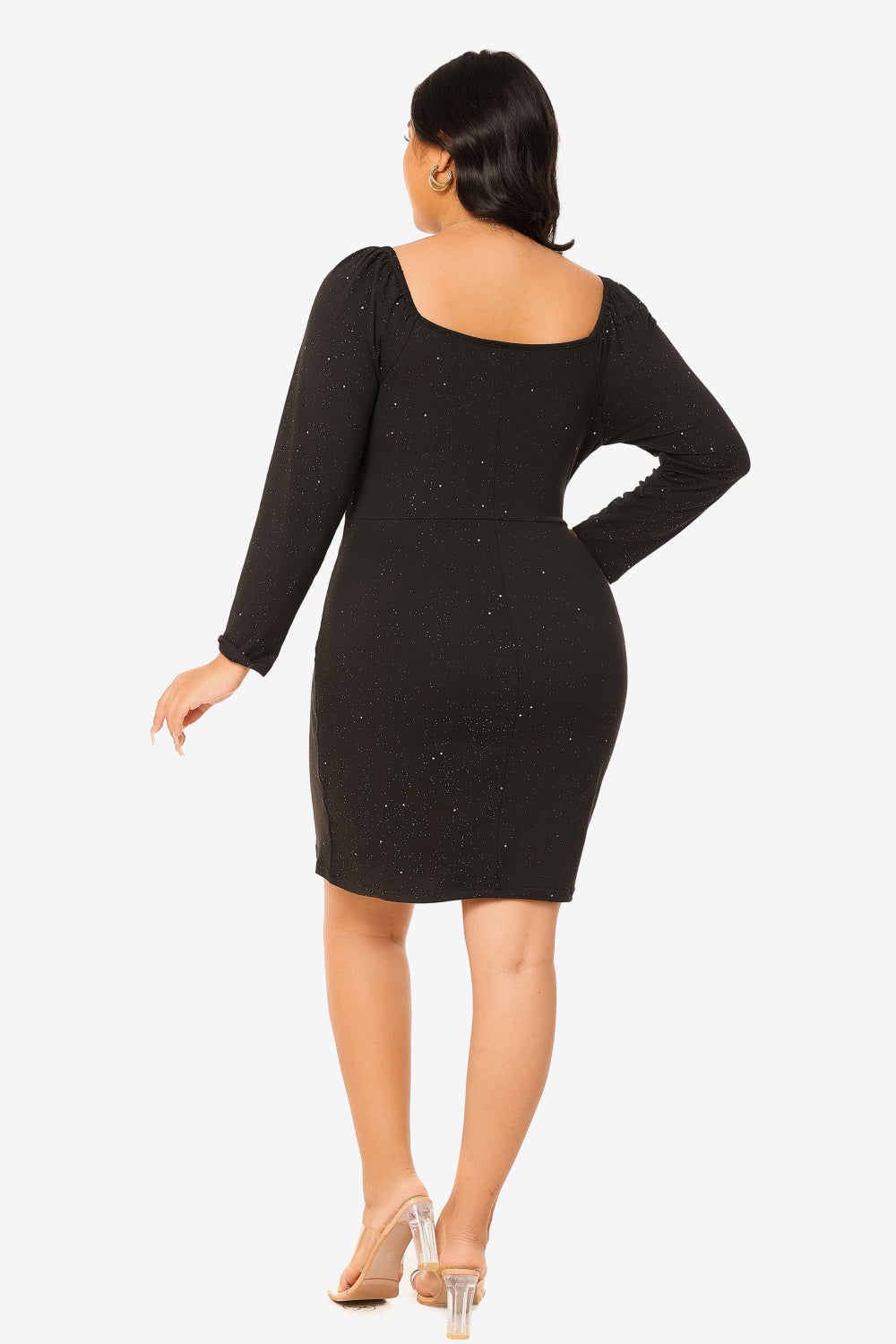 Gem Size Glitter Sweetheart Neck Long Sleeve Dress Trendsi