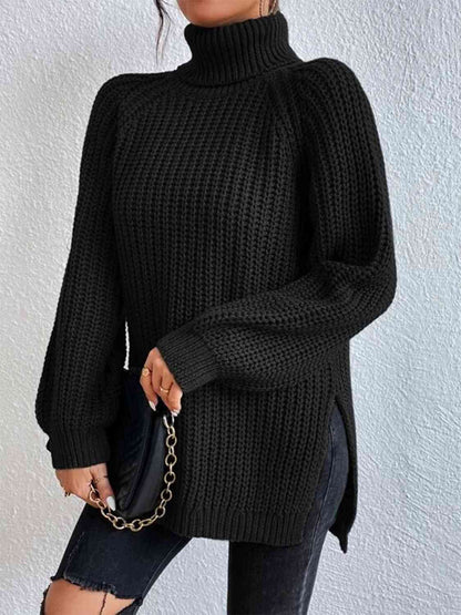 Turtleneck Rib-Knit Slit Sweater