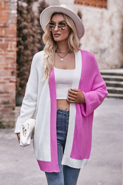 Woven Right Contrast Open Front Dropped Shoulder Longline Cardigan