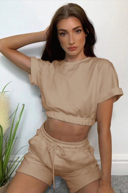 Short Sleeve Cropped Top and Drawstring Shorts Lounge Set Trendsi