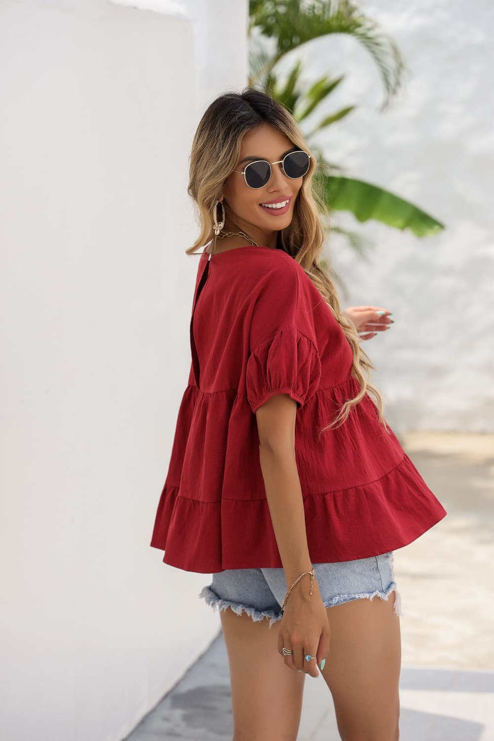 Round Neck Ruched Short Sleeve Blouse Trendsi