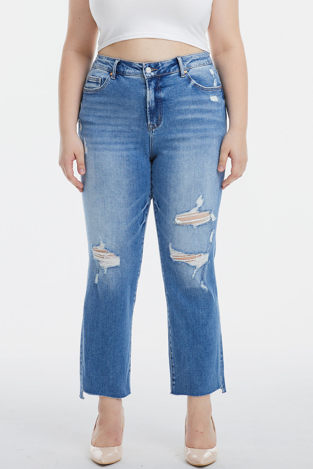 BAYEAS Mid Waist Distressed Ripped Straight Jeans