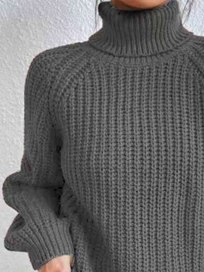 Turtleneck Rib-Knit Slit Sweater