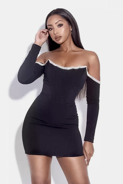 Off-Shoulder Long Sleeve Mini Dress with Rhinestone Detail Trendsi