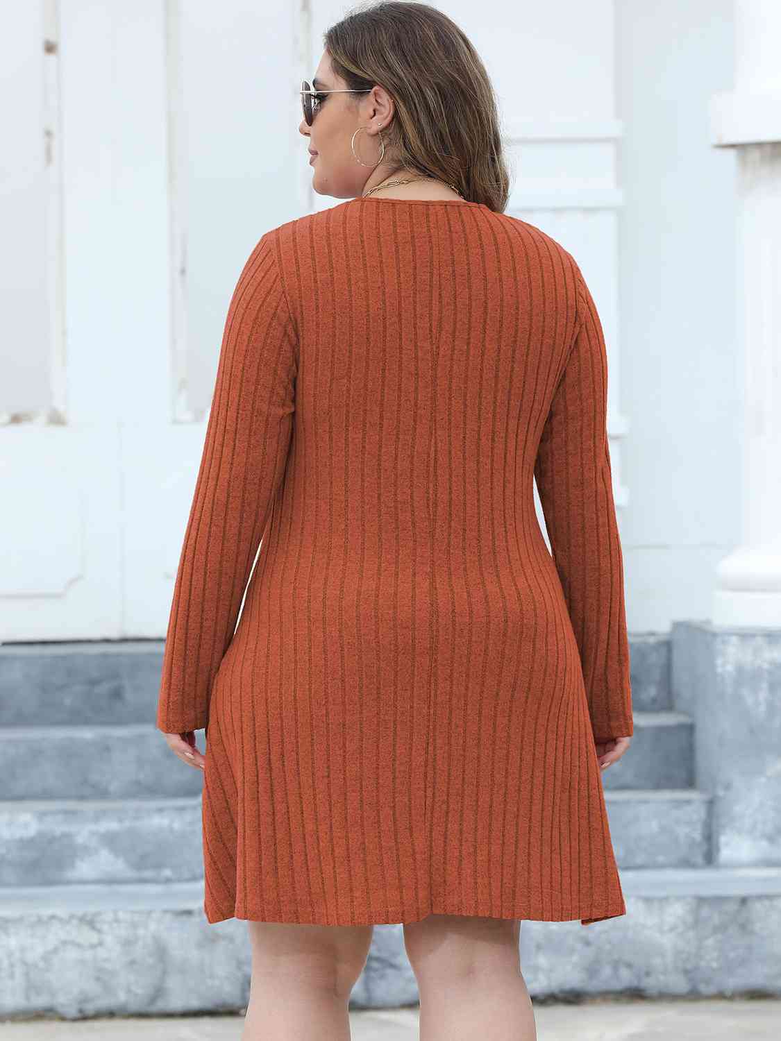 Plus+ Ribbed Buttoned V-Neck Long Sleeve Dress