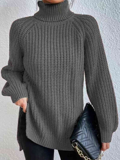 Turtleneck Rib-Knit Slit Sweater