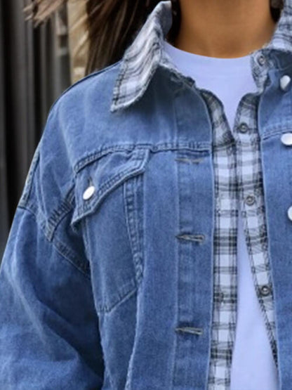 Plus+ Plaid Collared Neck Raw Hem Denim Jacket