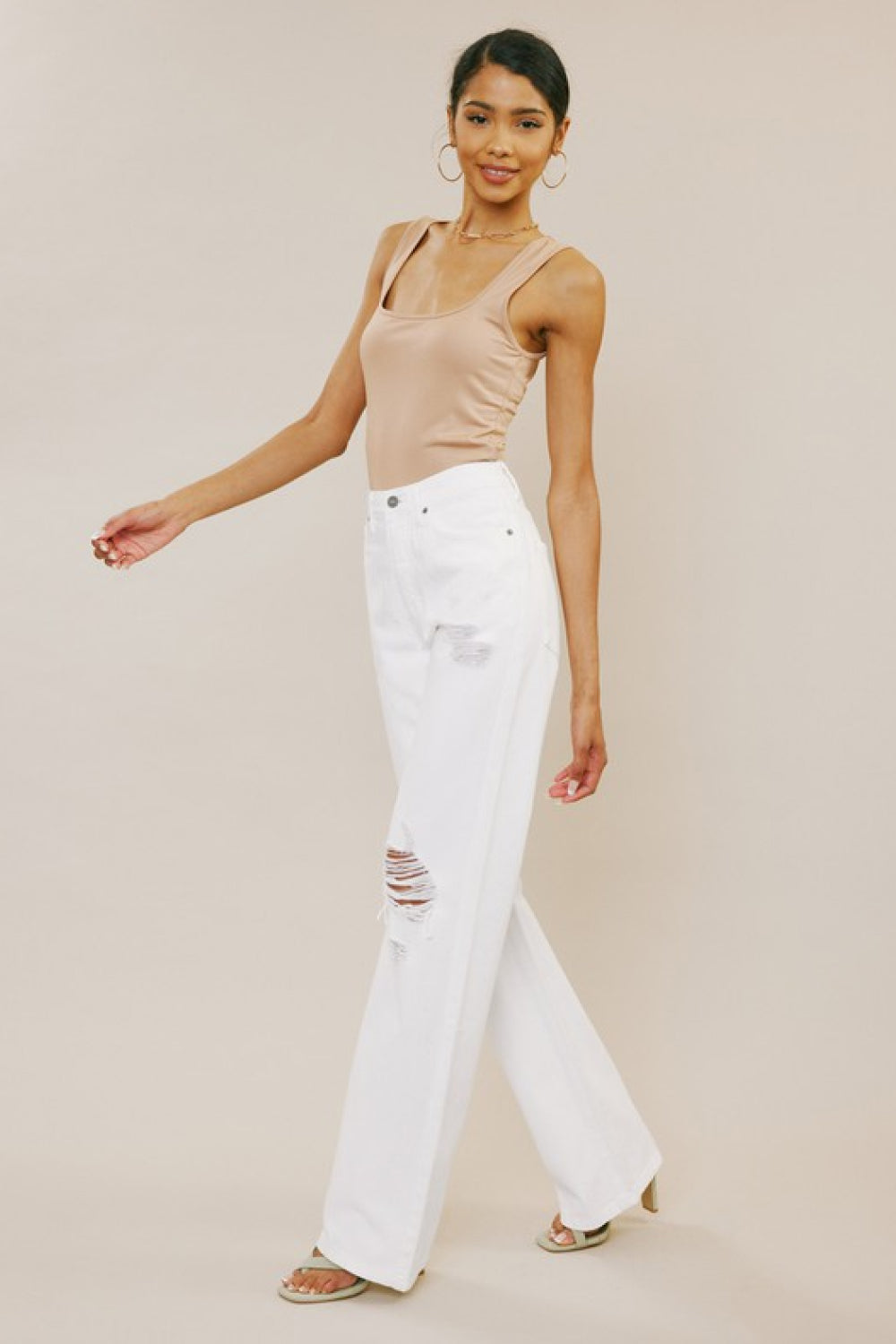 High Rise Distressed Flare Jeans - White Trendsi